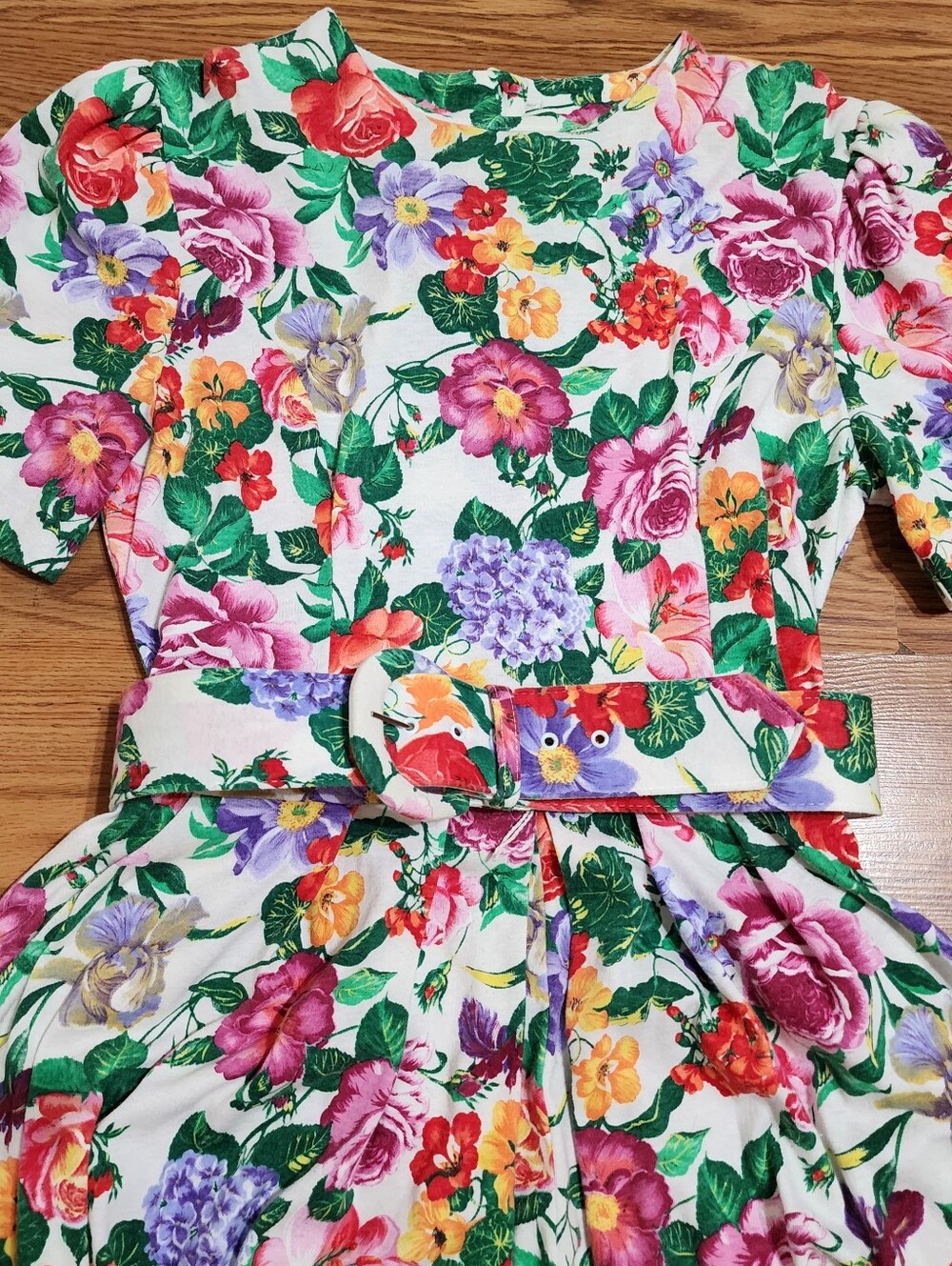 Vtg 80s 90s Floral Fit Flare Dress Belted Full Skirt Cottagecore Garden Party - Picture 4 of 13